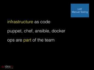infrastructure as code 
puppet, chef, ansible, docker 
ops are part of the team 
UAT 
Manual Testing 
 