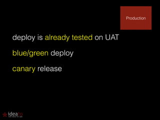 deploy is already tested on UAT 
blue/green deploy 
canary release 
Production 
 