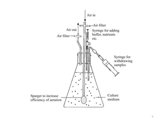 Sparger to increase
efficiency of aeration
Air in
Air out
Air filter
Syringe for
withdrawing
samples
Syringe for adding
buffer, nutrients
etc.
Air filter
Culture
medium
6
 