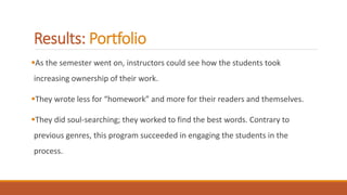 Results: Portfolio
As the semester went on, instructors could see how the students took
increasing ownership of their work.
They wrote less for “homework” and more for their readers and themselves.
They did soul-searching; they worked to find the best words. Contrary to
previous genres, this program succeeded in engaging the students in the
process.
 