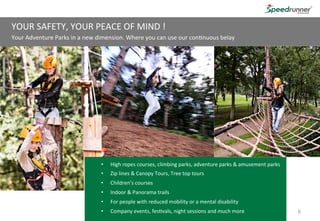 66
YOUR SAFETY, YOUR PEACE OF MIND !
Your Adventure Parks in a new dimension. Where you can use our continuous belay
• High ropes courses, climbing parks, adventure parks & amusement parks
• Zip lines & Canopy Tours, Tree top tours
• Children’s courses
• Indoor & Panorama trails
• For people with reduced mobility or a mental disability
• Company events, festivals, night sessions and much more
 