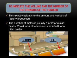 TO INDICATE THE VOLUME AND THE NUMBER OF 
THE STRANDS OF THE TUNDISH 
 This exactly belongs to the amount and various of 
factory production 
 The number of molds is usually 1 or 2 for a slab 
caster, 2 to 4 for a bloom caster, and 4 to 8 for a 
billet caster 
BLOOM SLAB 
 