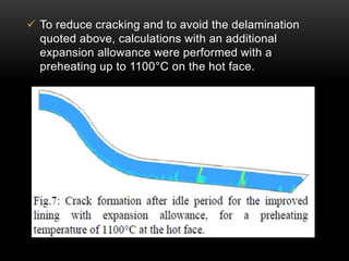  To reduce cracking and to avoid the delamination 
quoted above, calculations with an additional 
expansion allowance were performed with a 
preheating up to 1100°C on the hot face. 
 