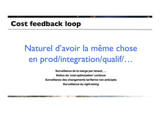 Cost feedback loop	



   Naturel d’avoir la même chose 
    en prod/integration/qualif/…	

                Surveillance de la marge par tenant, …
                 Notion de ‘cost optimization’ continue
         Surveillance des changements tarifaires non anticipés
                      Surveillance du right-sizing
 
