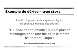 Exemple de dérive – true story	


      Un développeur déplace quelques lignes 
         de code qui implique des boucles	


 è L’application envoie 10.000* plus de
  messages dans une file pour le même
            traitement. Oups !
             Gros changement dans la facture en fin de mois
 