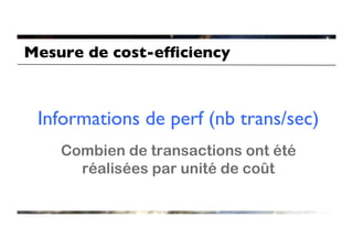 Mesure de cost-efﬁciency	




 Informations de perf (nb trans/sec)	

    Combien de transactions ont été
      réalisées par unité de coût
 
