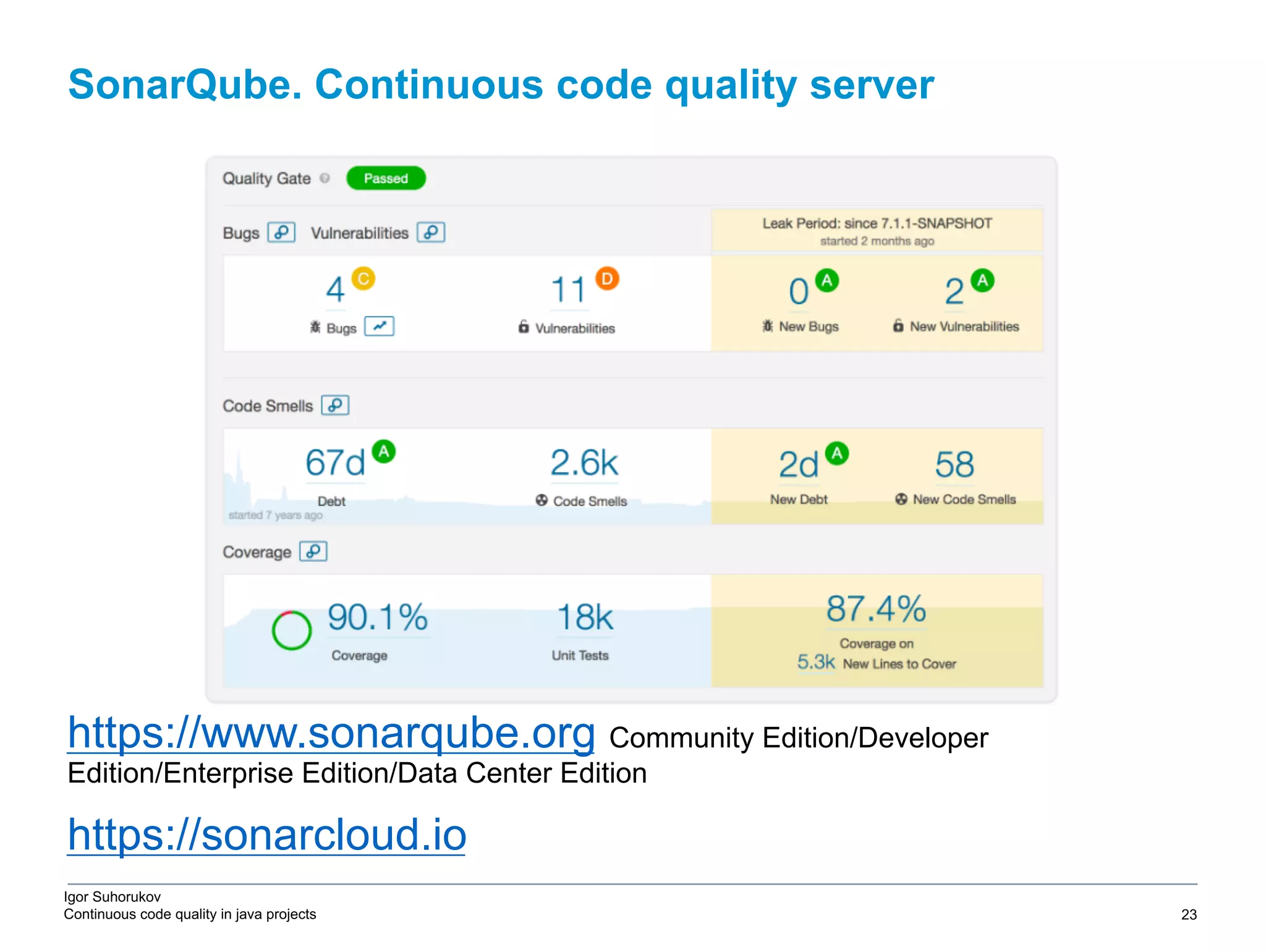 Igor Suhorukov Continuous code quality in java projects https://www.sonarqube.org Community Edition/Developer Edition/Enterprise Edition/Data Center Edition https://sonarcloud.io SonarQube. Сontinuous code quality server 6/27/19 2010 DB Blue template 23 