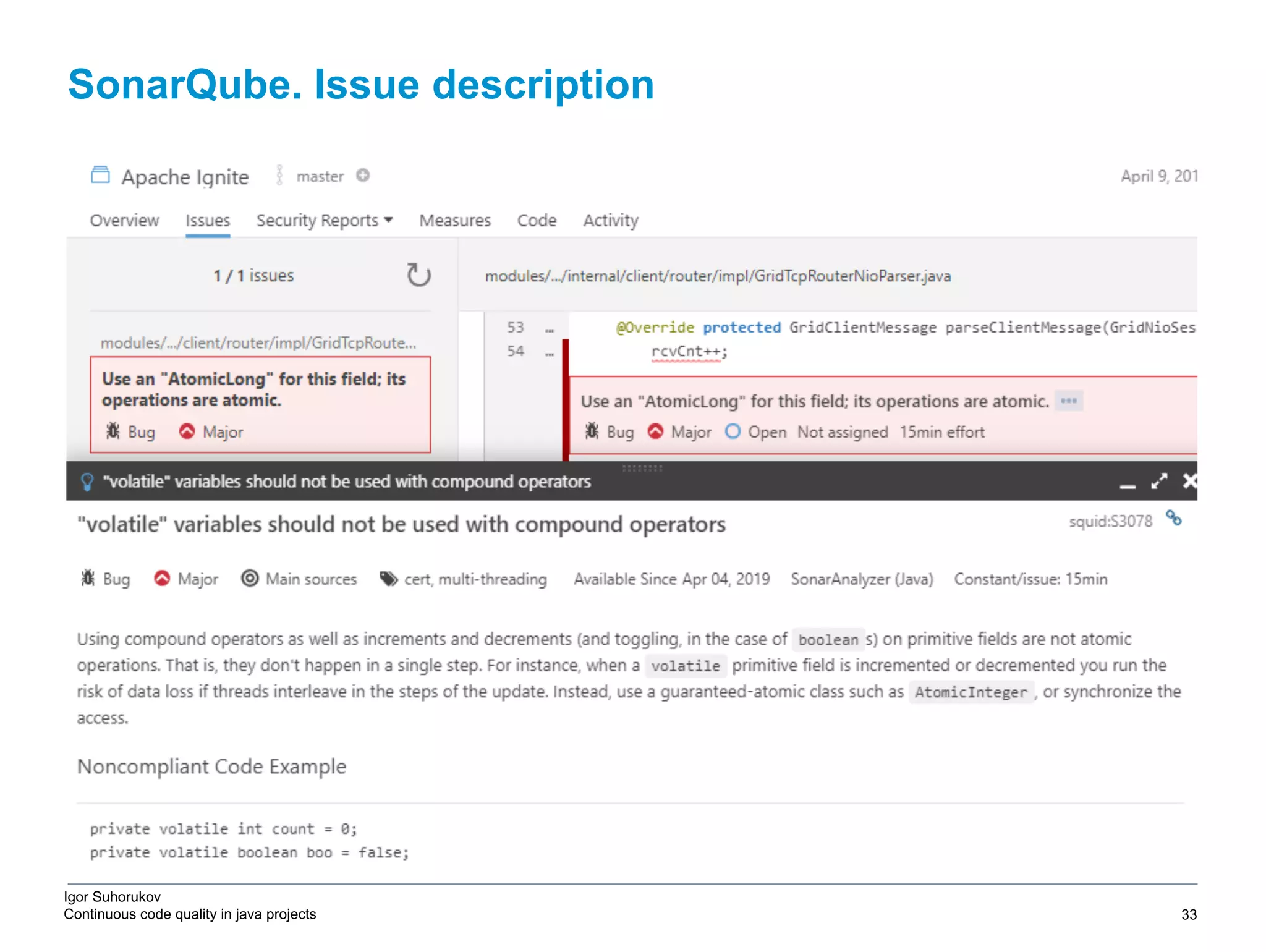 Igor Suhorukov Continuous code quality in java projects SonarQube. Issue description 6/27/19 2010 DB Blue template 33 