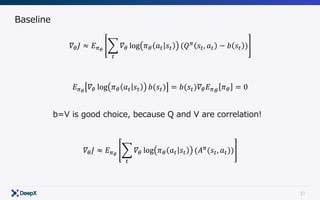 31
Baseline
𝛻[ 𝐽 ≈ 𝐸CX
F 𝛻[ log 𝜋[ 𝑎" 𝑠" (𝑄C
𝑠", 𝑎" − 𝑏 𝑠" )
"
𝐸CX
𝛻[ log 𝜋[ 𝑎" 𝑠" 𝑏(𝑠") = 𝑏(𝑠")𝛻[ 𝐸C[
𝜋[ = 0
b=V is good choice, because Q and V are correlation!
𝛻[ 𝐽 ≈ 𝐸CX
F 𝛻[ log 𝜋[ 𝑎" 𝑠" (𝐴C
(𝑠", 𝑎"))
"
 
