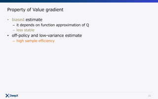 35
Property of Value gradient
• biased estimate
– it depends on function approximation of Q
– less stable
• off-policy and low-variance estimate
– high sample efficiency
 