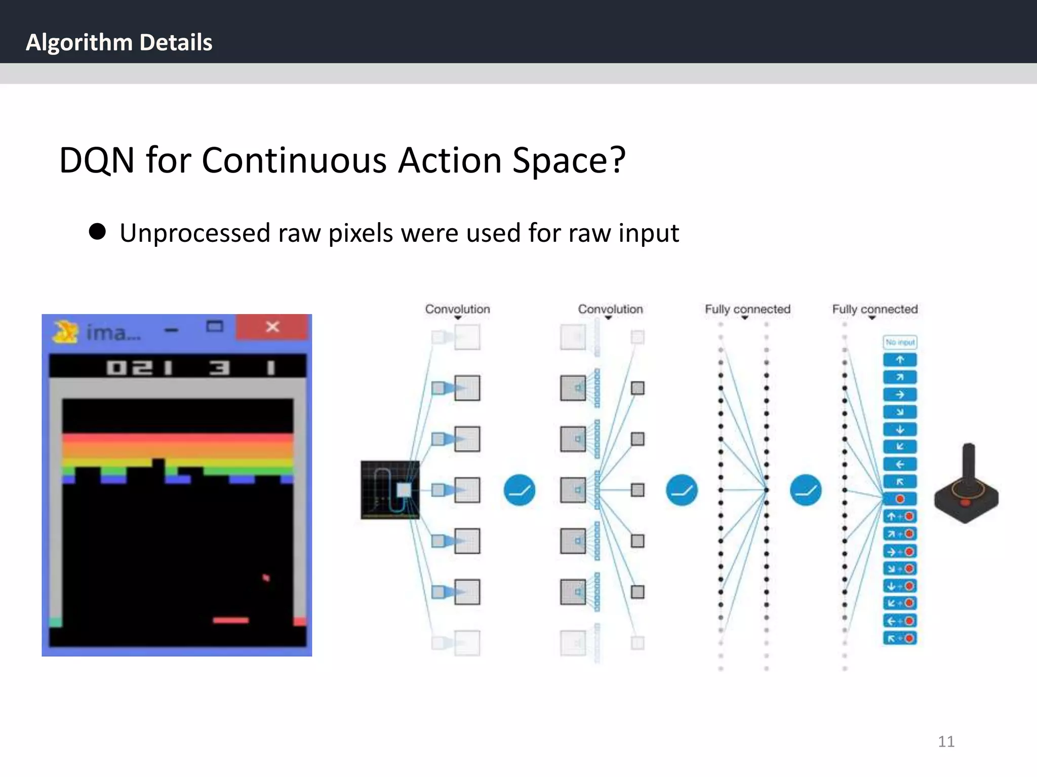 Algorithm Details
11
 Unprocessed raw pixels were used for raw input
DQN for Continuous Action Space?
 