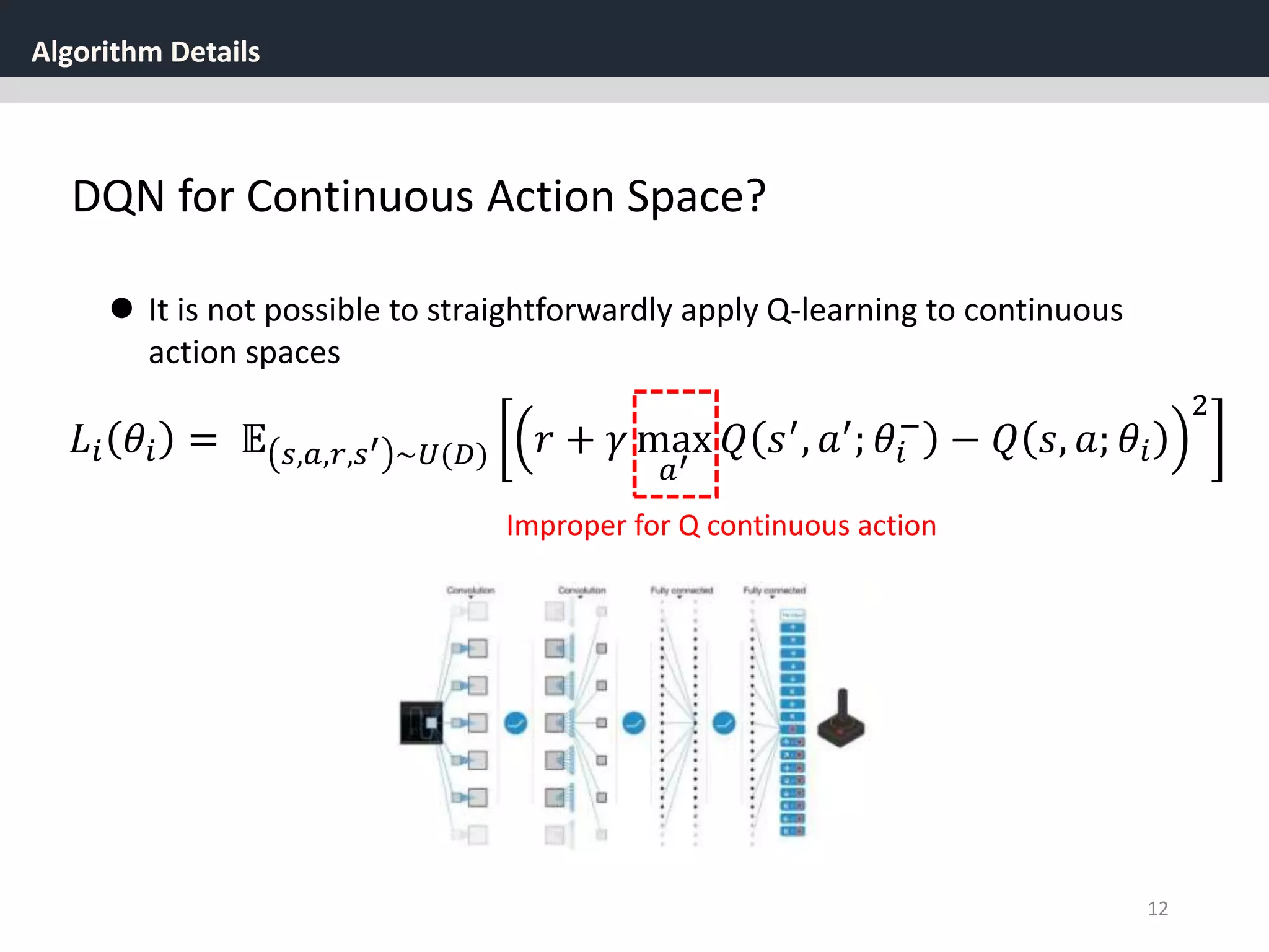 Algorithm Details
12
 It is not possible to straightforwardly apply Q-learning to continuous
action spaces
𝐿𝑖 𝜃𝑖 = 𝔼 𝑠,𝑎,𝑟,𝑠′ ~𝑈(𝐷) 𝑟 + 𝛾 max
𝑎′
𝑄 𝑠′
, 𝑎′
; 𝜃𝑖
−
− 𝑄 𝑠, 𝑎; 𝜃𝑖
2
Improper for Q continuous action
DQN for Continuous Action Space?
 