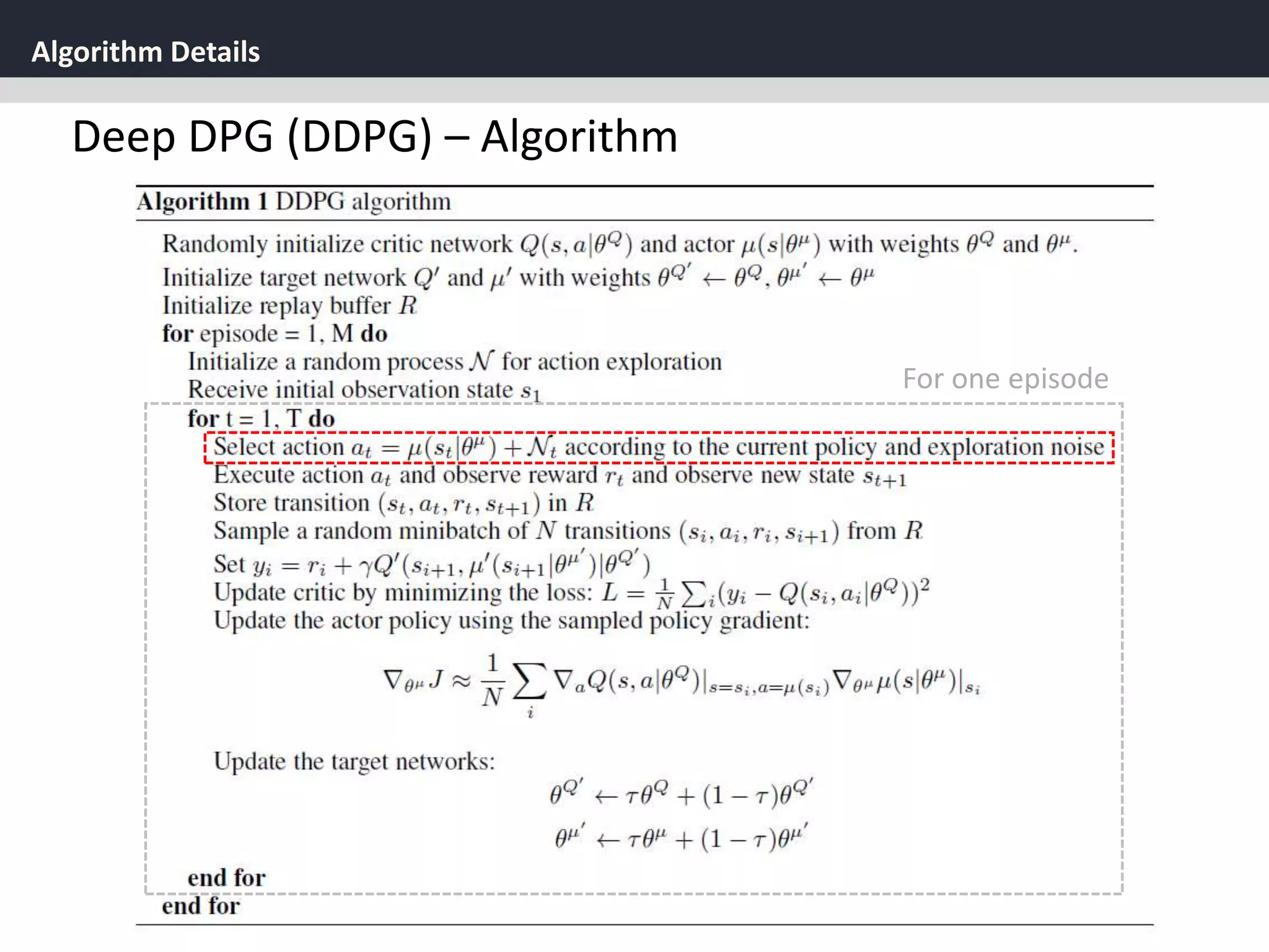 Algorithm Details
39
Deep DPG (DDPG) – Algorithm
For one episode
 