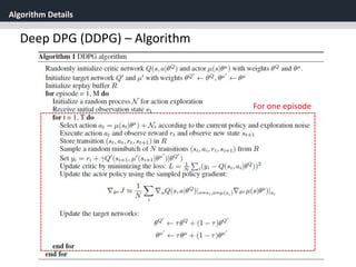 Algorithm Details
38
Deep DPG (DDPG) – Algorithm
For one episode
 