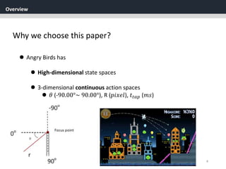 Overview
4
Why we choose this paper?
 Angry Birds has
 High-dimensional state spaces
 3-dimensional continuous action spaces
 𝜃 (-90.00°~ 90.00°), R (𝑝𝑖𝑥𝑒𝑙), 𝑡𝑡𝑎𝑝 (𝑚𝑠)
 