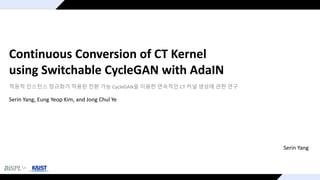 Continuous Conversion of CT Kernel
using Switchable CycleGAN with AdaIN
Serin Yang, Eung Yeop Kim, and Jong Chul Ye
Serin Yang
적응적 인스턴스 정규화가 적용된 전환 가능 CycleGAN을 이용한 연속적인 CT 커널 생성에 관한 연구
 