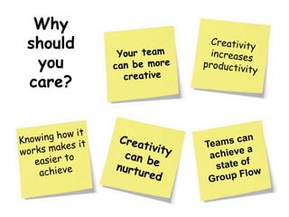 Why should you care?Creativity increases productivityYour team can be more creativeKnowing how it works makes it easier to achieveTeams can achieve a state of Group Flow Creativity can be nurtured