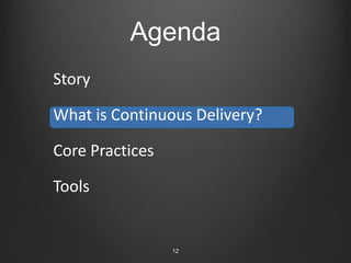 AgendaStoryWhat is Continuous Delivery?Core PracticesTools3