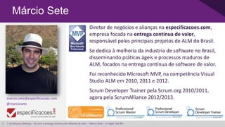 Márcio Sete
                                                                             Diretor de negócios e alianças na especificacoes.com,
                                                                             empresa focada na entrega contínua de valor,
                                                                             responsável pelos principais projetos de ALM do Brasil.
                                                                             Se dedica à melhoria da industria de software no Brasil,
                                                                             disseminando práticas ágeis e processos maduros de
                                                                             ALM, focados na entrega contínua de software de valor.
                                                                             Foi reconhecido Microsoft MVP, na competência Visual
                                                                             Studio ALM em 2010, 2011 e 2012.
                                                                             Scrum Developer Trainer pela Scrum.org 2010/2011,
    marcio.sete@especificacoes.com                                           agora pela ScrumAlliance 2012/2013.
    @marciosete




2   | Continuous Delivery – do zero à entrega contínua de software de valor – Márcio Sete – 3o Agile Talk BH
 