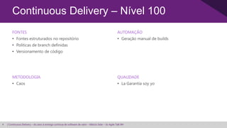 Continuous Delivery – Nível 100
        FONTES                                                                                        AUTOMAÇÃO
        • Fontes estruturados no repositório                                                          • Geração manual de builds
        • Políticas de branch definidas
        • Versionamento de código




        METODOLOGIA                                                                                   QUALIDADE
        • Caos                                                                                        • La Garantia soy yo




4   | Continuous Delivery – do zero à entrega contínua de software de valor – Márcio Sete – 3o Agile Talk BH
 