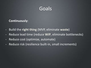 Goals
- Build the right thing (MVP, eliminate waste)
- Reduce lead time (reduce WiP, eliminate bottlenecks)
- Reduce cost (optimize, automate)
- Reduce risk (resilience built-in, small increments)
Continuously:
 