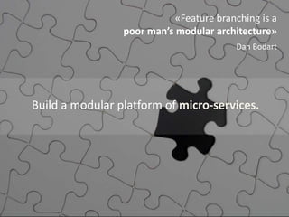 «Feature branching is a
poor man’s modular architecture»
Dan Bodart
Build a modular platform of micro-services.
 