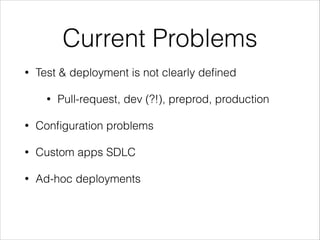 Current Problems
•

Test & deployment is not clearly deﬁned
•

Pull-request, dev (?!), preprod, production

•

Conﬁguration problems

•

Custom apps SDLC

•

Ad-hoc deployments

 