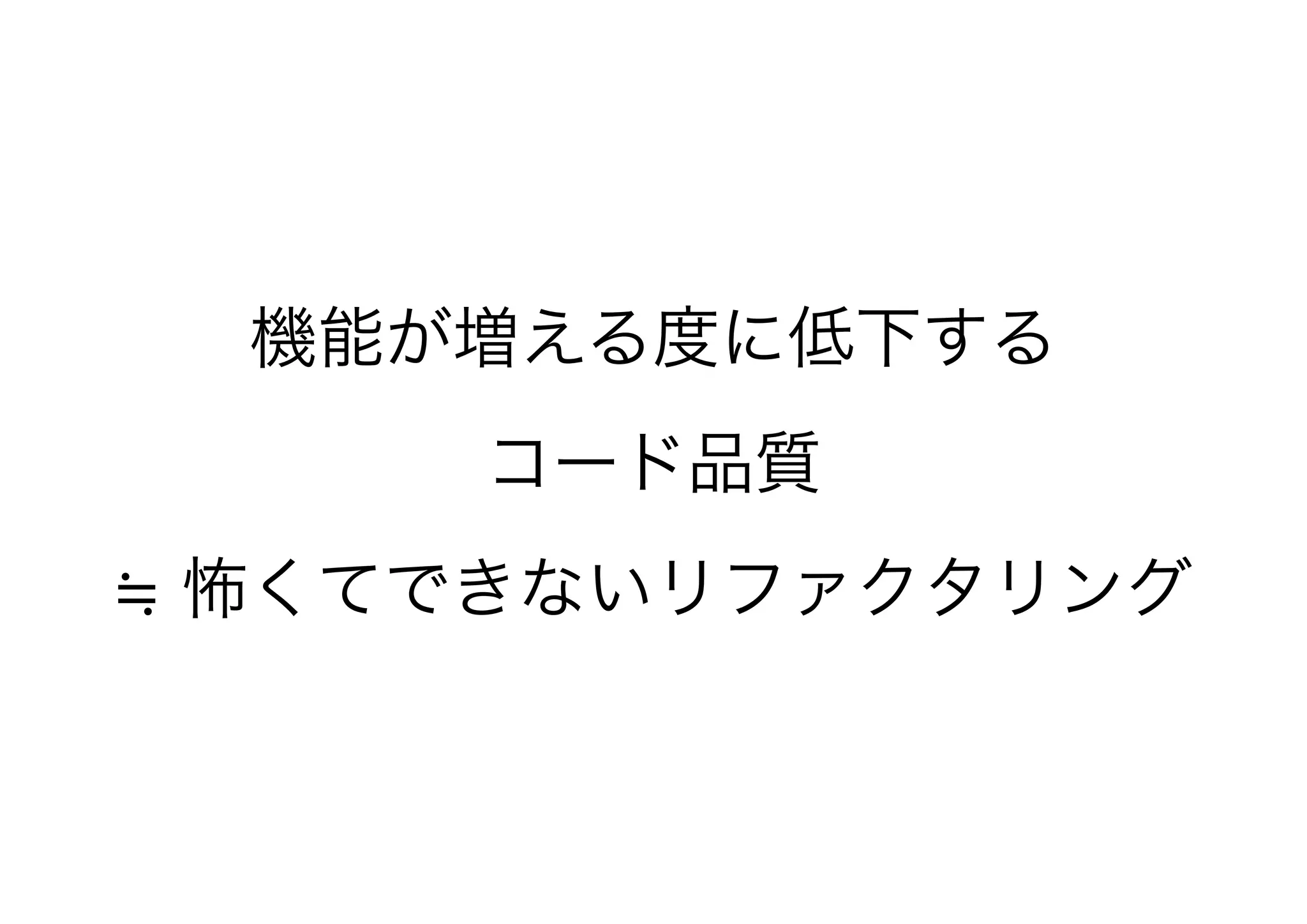 機能が増える度に低下する
コード品質
≒ 怖くてできないリファクタリング
 