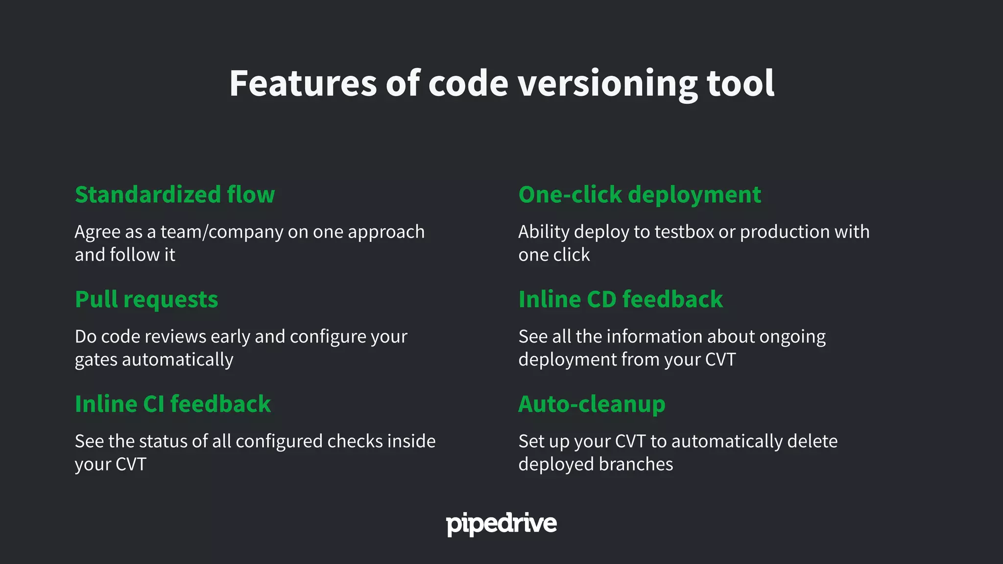 Features of code versioning tool
Standardized flow
Agree as a team/company on one approach
and follow it
Pull requests
Do code reviews early and configure your
gates automatically
Inline CI feedback
See the status of all configured checks inside
your CVT
One-click deployment
Ability deploy to testbox or production with
one click
Inline CD feedback
See all the information about ongoing
deployment from your CVT
Auto-cleanup
Set up your CVT to automatically delete
deployed branches
 