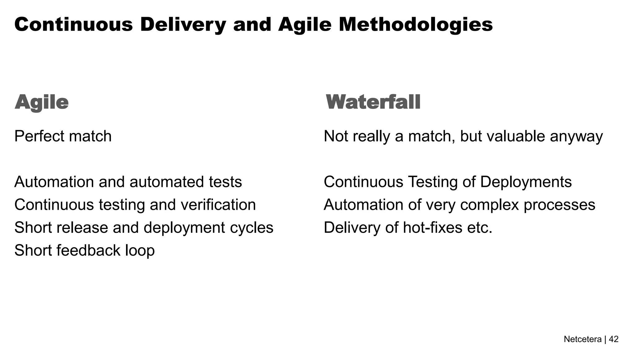 Continuous Delivery and Agile Methodologies



Agile                                 Waterfall
Perfect match                         Not really a match, but valuable anyway

Automation and automated tests        Continuous Testing of Deployments
Continuous testing and verification   Automation of very complex processes
Short release and deployment cycles   Delivery of hot-fixes etc.
Short feedback loop




                                                                       Netcetera | 42
 