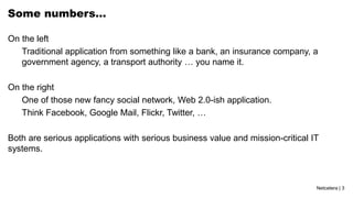 Netcetera | 3
Some numbers…
On the left
Traditional application from something like a bank, an insurance company, a
government agency, a transport authority … you name it.
On the right
One of those new fancy social network, Web 2.0-ish application.
Think Facebook, Google Mail, Flickr, Twitter, …
Both are serious applications with serious business value and mission-critical IT
systems.
 
