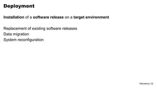 Netcetera | 32
Deployment
Installation of a software release on a target environment
Replacement of existing software releases
Data migration
System reconfiguration
 