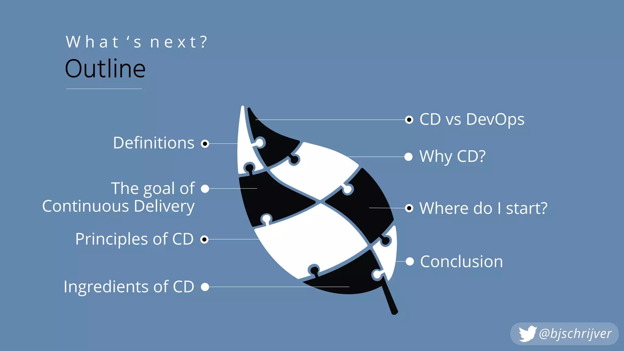 Principles of CD
Ingredients of CD
The goal of  
Continuous Delivery
Definitions
Why CD?
Where do I start?
Conclusion
Outline
W h a t ‘ s n e x t ?
CD vs DevOps
@bjschrijver
 
