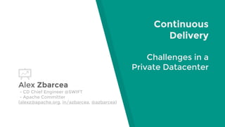 Continuous
Delivery
Challenges in a
Private Datacenter
Alex Zbarcea
- CD Chief Engineer @SWIFT
- Apache Committer
(alexz@apache.org, in/azbarcea, @azbarcea)
 