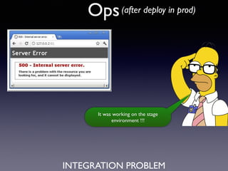 Ops(after deploy in prod)
INTEGRATION PROBLEM
It was working on the stage
environment !!!
 