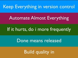 Build quality in
Done means released
If it hurts, do i more frequently
Automate Almost Everything
Keep Everything in version control
 
