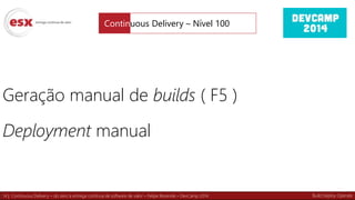 14 | Continuous Delivery – do zero à entrega contínua de software de valor – Felipe Rezende – DevCamp 2014
Continuous Delivery – Nível 100
Geração manual de builds ( F5 )
Deployment manual
Build Deploy Operate
 