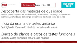 19 | Continuous Delivery – do zero à entrega contínua de software de valor – Felipe Rezende – DevCamp 2014
Descoberta das métricas de qualidade
Nível de cobertura por testes automatizados, análise estática de código, complexidade
ciclomática, profundidade de herança, acoplamento de classes, linhas de código
Início da escrita de testes unitários
Definição da 1ª meta do nível de cobertura de testes
Criação de planos e casos de testes funcionais
Cobertura dos principais cenários de negócio
Continuous Delivery – Nível 200
Qualidade
 
