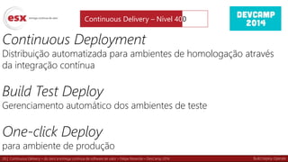 26 | Continuous Delivery – do zero à entrega contínua de software de valor – Felipe Rezende – DevCamp 2014
Continuous Deployment
Distribuição automatizada para ambientes de homologação através
da integração contínua
Build Test Deploy
Gerenciamento automático dos ambientes de teste
One-click Deploy
para ambiente de produção
Continuous Delivery – Nível 400
Build Deploy Operate
 