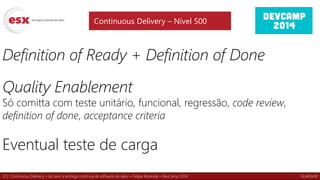 31 | Continuous Delivery – do zero à entrega contínua de software de valor – Felipe Rezende – DevCamp 2014
Definition of Ready + Definition of Done
Quality Enablement
Só comitta com teste unitário, funcional, regressão, code review,
definition of done, acceptance criteria
Eventual teste de carga
Continuous Delivery – Nível 500
Qualidade
 