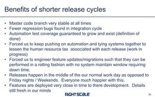 Benefits of shorter release cycles
3333
• Master code branch very stable at all times
• Fewer regression bugs found in integration cycle
• Automation test coverage guaranteed to grow and exist (definition of
done)
• Forced us to keep pushing on automation and tying systems together to
lessen the human resource tax associated with each release (work in
progress)
• Forced us to engineer feature updates/migrations such that they can be
performed in a rolling fashion with no system maintain window requiring
down time.
• Releases happen in the middle of the our normal work day as opposed to
Friday nights / Weekends. Everyone much happier with this.
• Features are deployed very close in time to there development. Details
still fresh in our minds
 