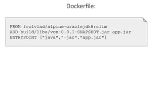 Dockerfile:
FROM frolvlad/alpine­oraclejdk8:slim
ADD build/libs/vox­0.0.1­SNAPSHOT.jar app.jar
ENTRYPOINT ["java","­jar","app.jar"]
 