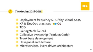 TheMotion 2015-2018
◉ Deployment frequency 5-10/day, cloud, SaaS
◉ XP & DevOps practices
◉ TDD
◉ Pairing/Mob (>70%)
◉ Collective ownership (Product/Code)
◉ Trunk base development
◉ Hexagonal architecture
◉ Microservices, Event driven architecture
44
 