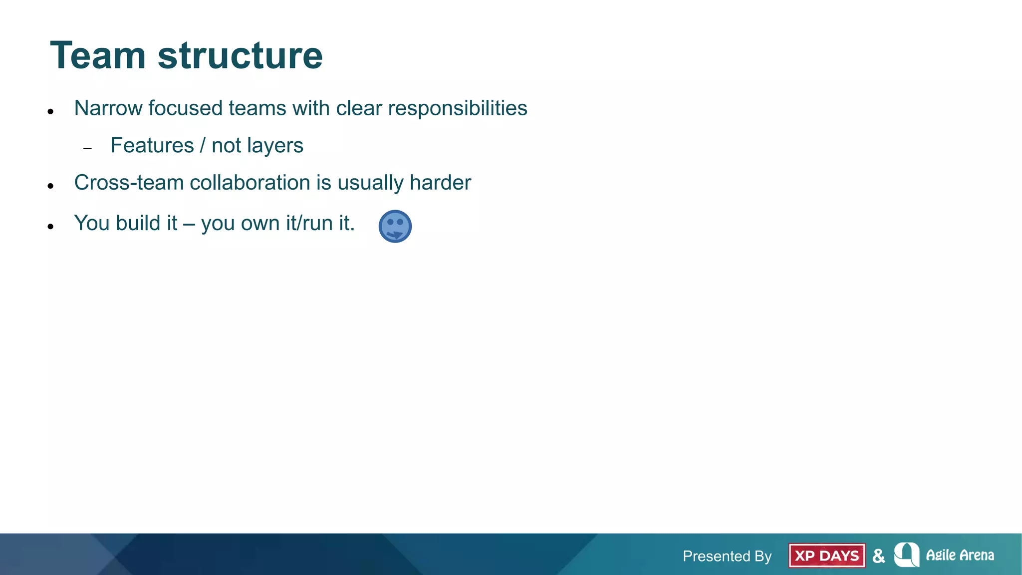 Presented By &
Team structure
 Narrow focused teams with clear responsibilities
 Features / not layers
 Cross-team collaboration is usually harder
 You build it – you own it/run it.
 