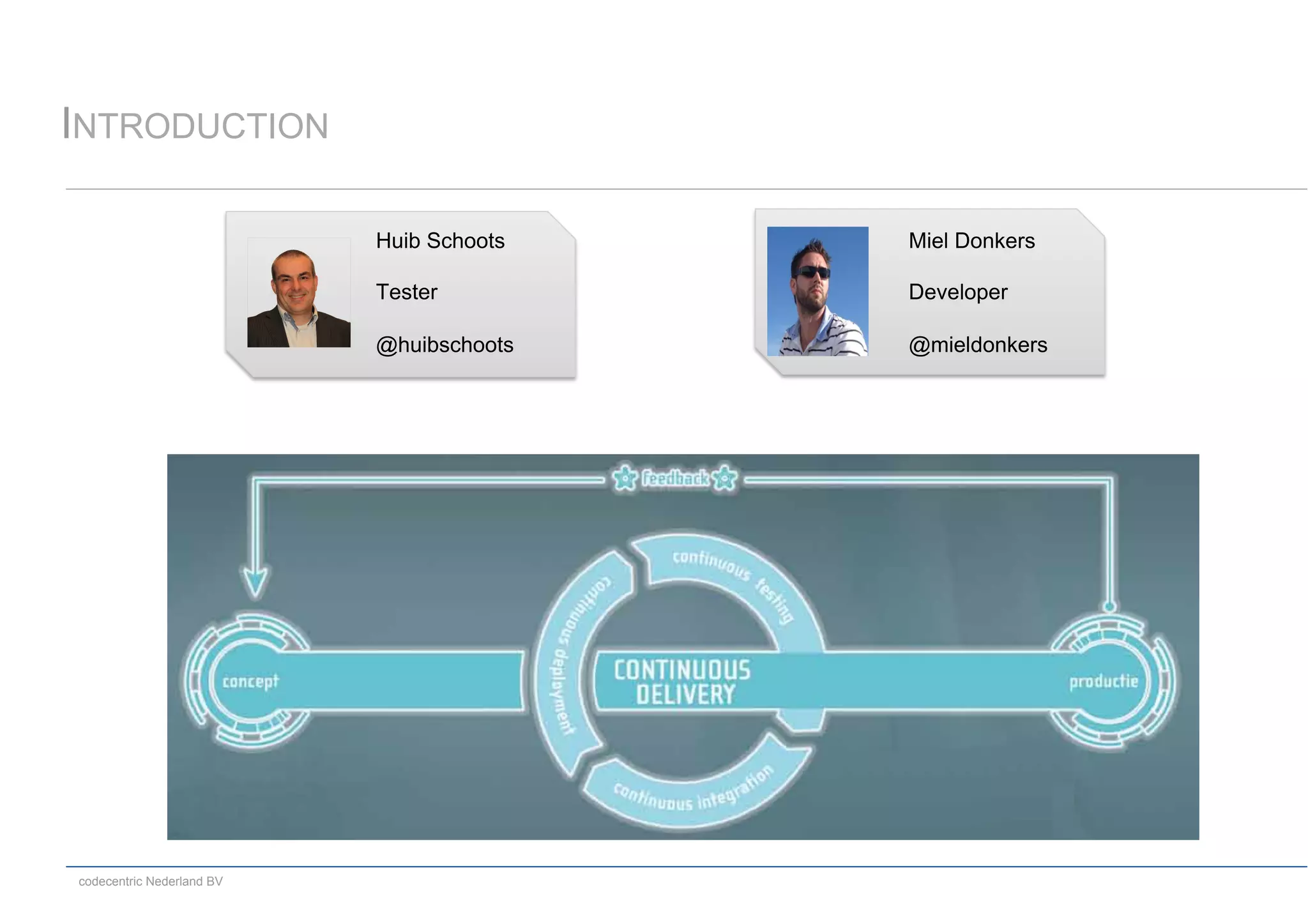codecentric Nederland BV
INTRODUCTION
Miel Donkers
Developer
@mieldonkers
Huib Schoots
Tester
@huibschoots
 