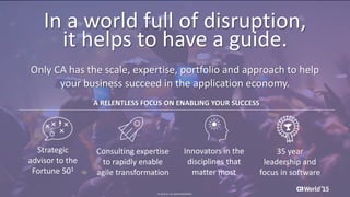 21 © 2015 CA. ALL RIGHTS RESERVED.@CAWORLD #CAWORLD
© 2015 CA. ALL RIGHTS RESERVED.
Only CA has the scale, expertise, portfolio and approach to help
your business succeed in the application economy.
A RELENTLESS FOCUS ON ENABLING YOUR SUCCESS
In a world full of disruption,
it helps to have a guide.
Strategic
advisor to the
Fortune 501
Consulting expertise
to rapidly enable
agile transformation
Innovators in the
disciplines that
matter most
35 year
leadership and
focus in software
 