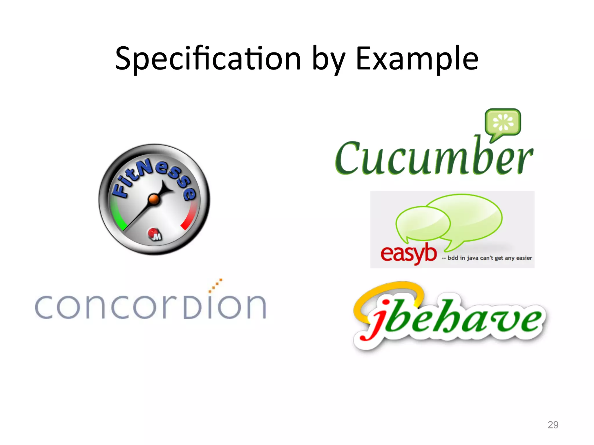 Speciﬁca$on	
  by	
  Example	
  




                                   29
 