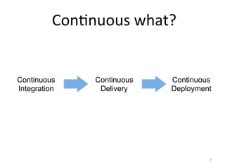 Con$nuous	
  what?	
  


Continuous       Continuous   Continuous
Integration       Delivery    Deployment




           ...