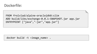 Dockerfile:
FROM frolvlad/alpine-oraclejdk8:slim
ADD build/libs/exchange-0.0.1-SNAPSHOT.jar app.jar
ENTRYPOINT ["java","-jar","app.jar"]
docker build -t <image_name> .
 
