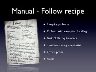 Manual - Follow recipe
• Integrity problems
• Problem with exception handling
• Basic Skills requirements
• Time consuming - expensive
• Error - prone
• Stress
 
